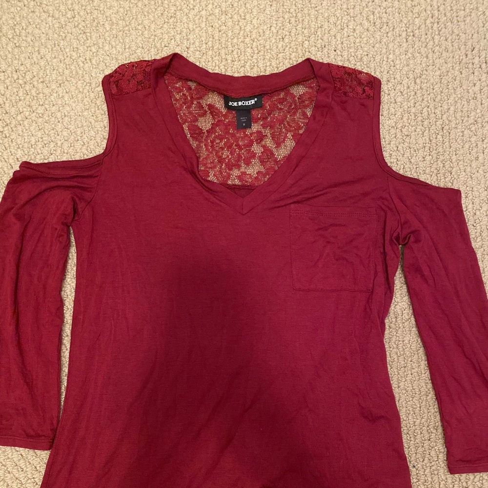 Burgundy, off the shoulders, long sleeve